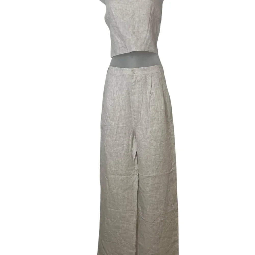 Reformation Olivia Linen Two Piece Set Size 12 NWT Oatmeal Crop Top & High Waist